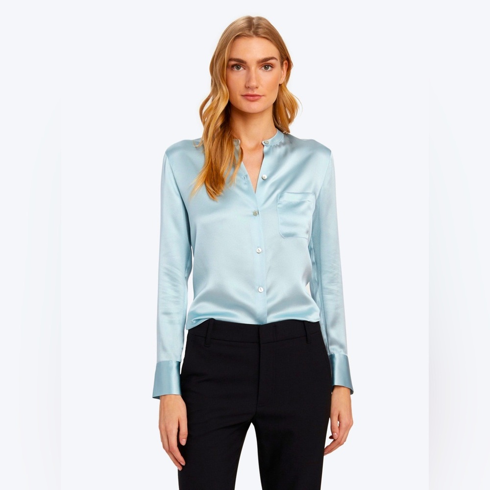 VINCE
Slim Fit Band Collar Silk Blouse
